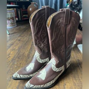 Women’s Brown Leather Embroidered Cowboy Boots Size 9/10